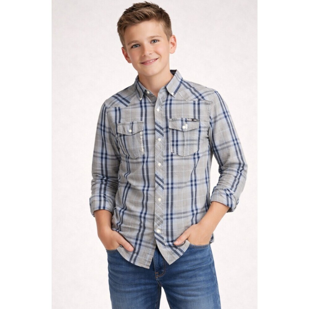Lucky Brand L Blue Plaid Boys Pearl Snap Western Long Sleeve Button Up Shirt R